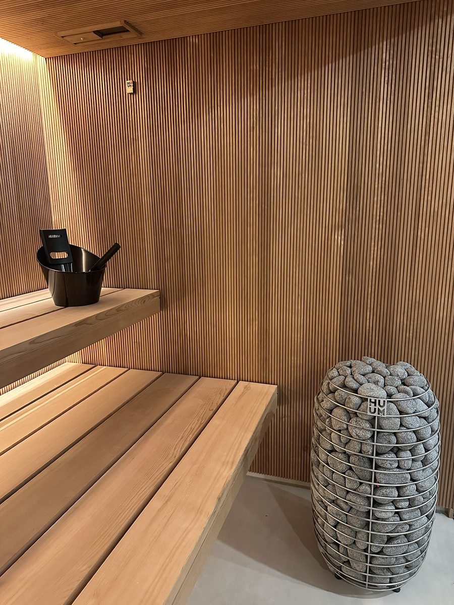 Timber benches inside the sauna