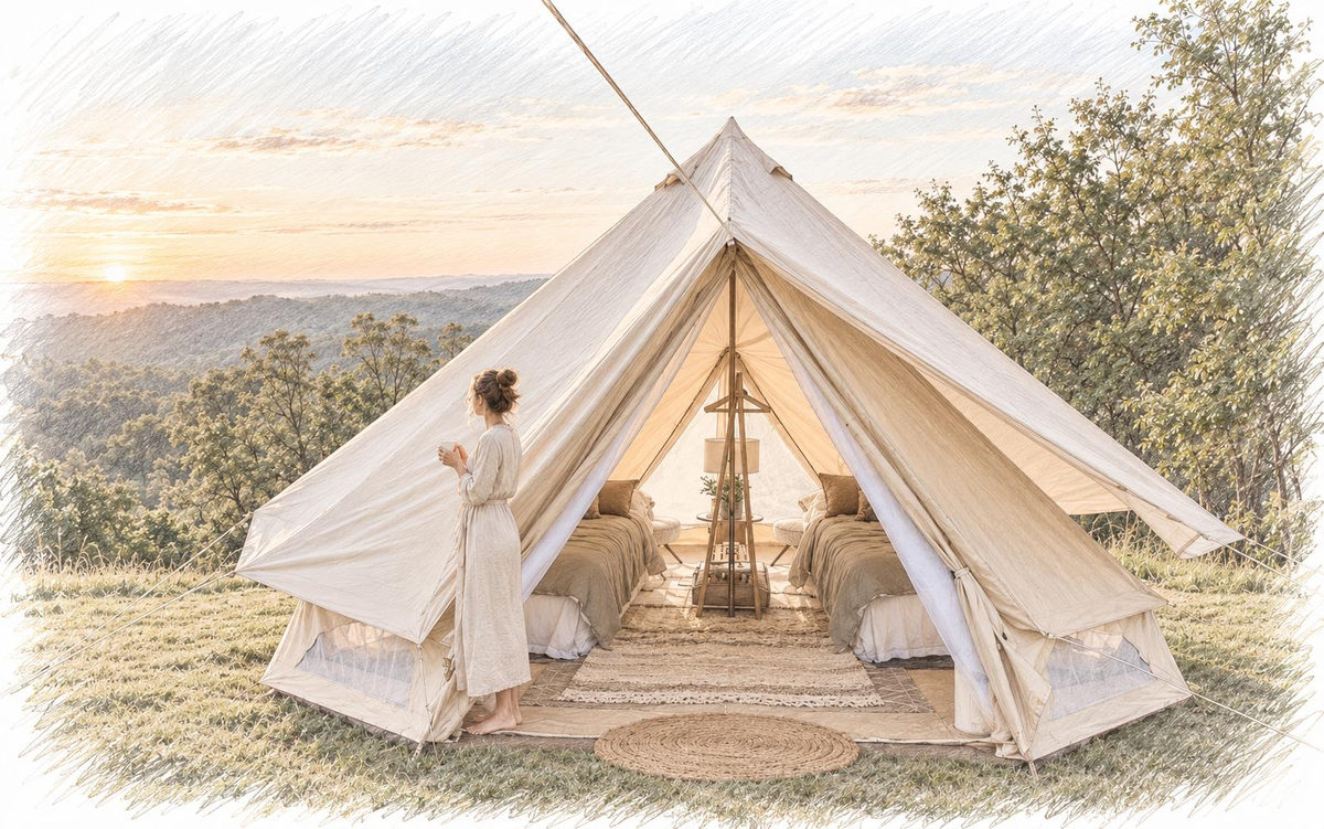 A glamping tent at sunset