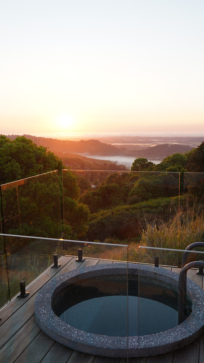 The plunge pool at dusk with views to the coast
