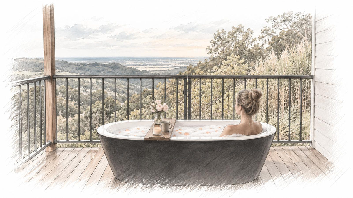A guest in the outdoor bath on the deck