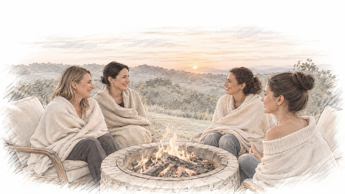 Guests wrapped in blankets around the fire pit