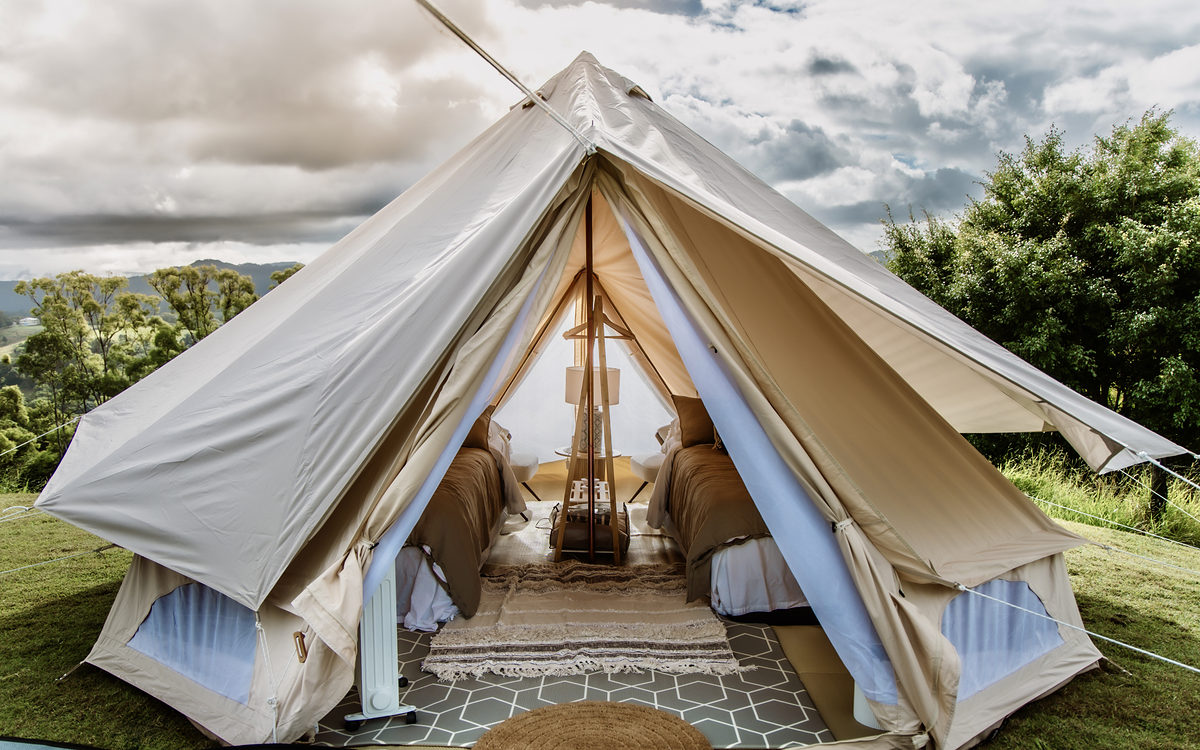 Luxury bell tent on the lawn with bush views