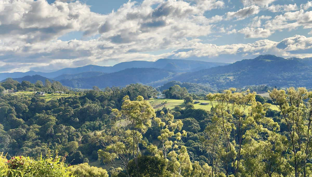 Panoramic view across the green hinterland to the mountains