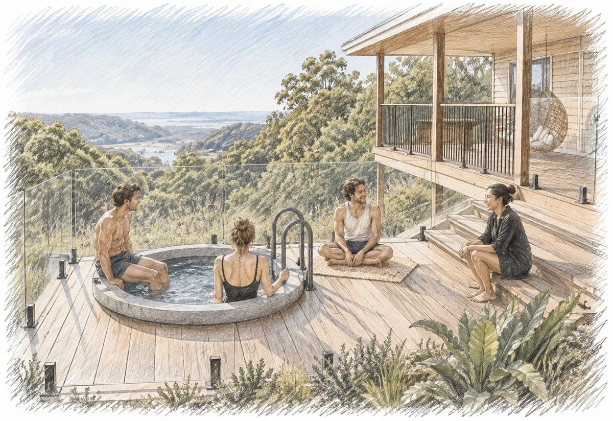 Guests relaxing by the plunge pool on the deck