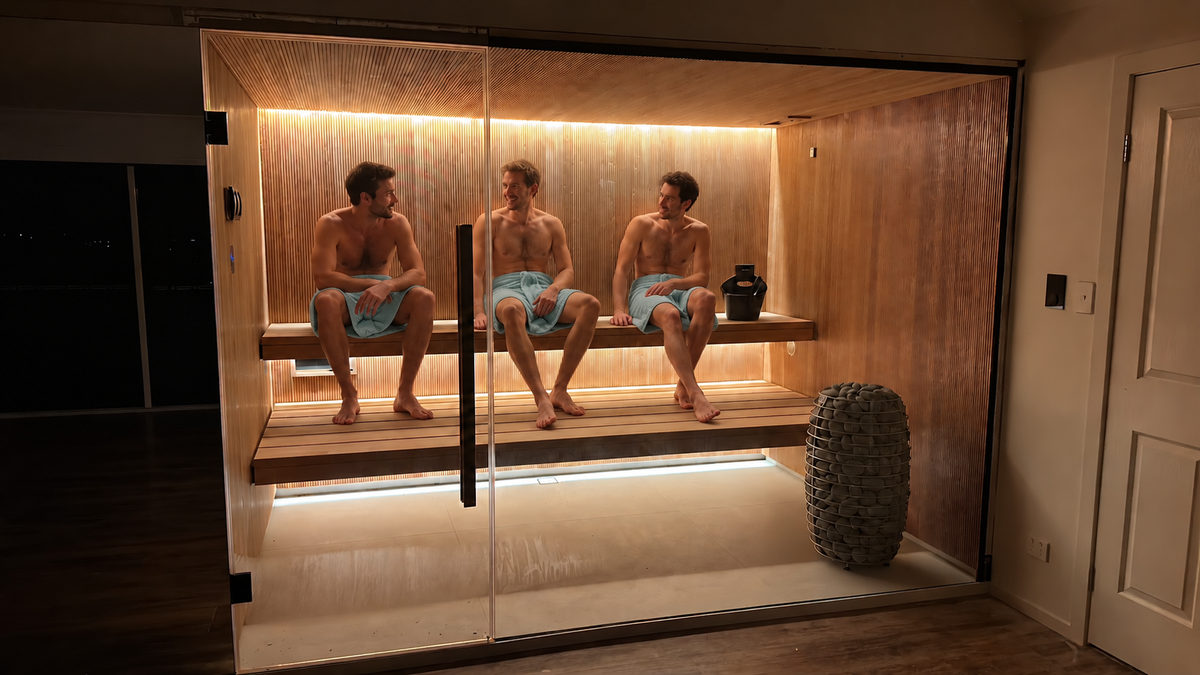 Three guests relaxing in the handcrafted Finnish sauna