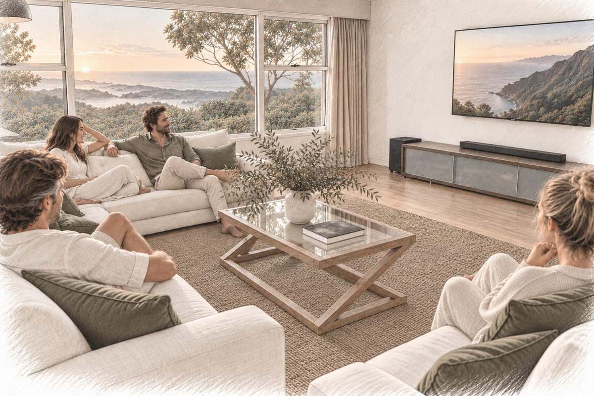 A group conversation in the living room