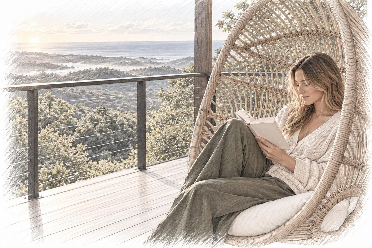 Reading in a hanging chair on the deck