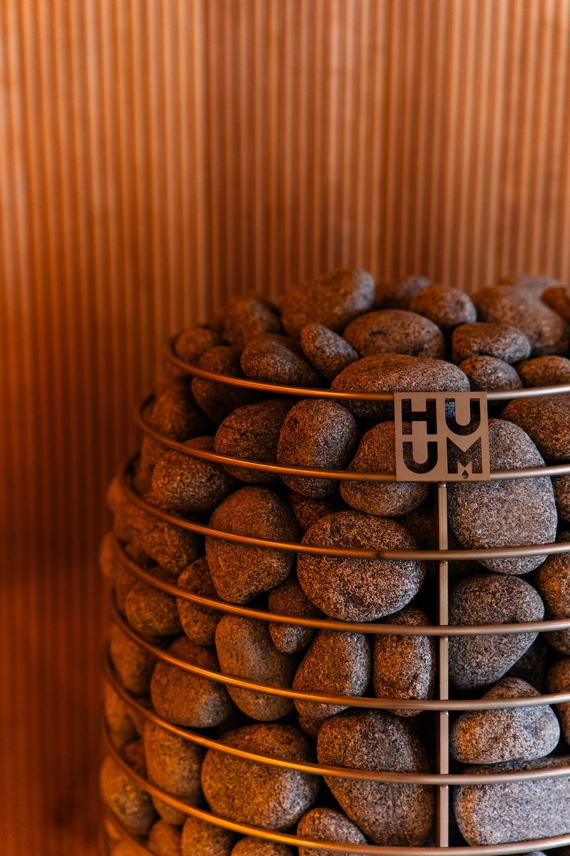 Sauna stones stacked in the heater