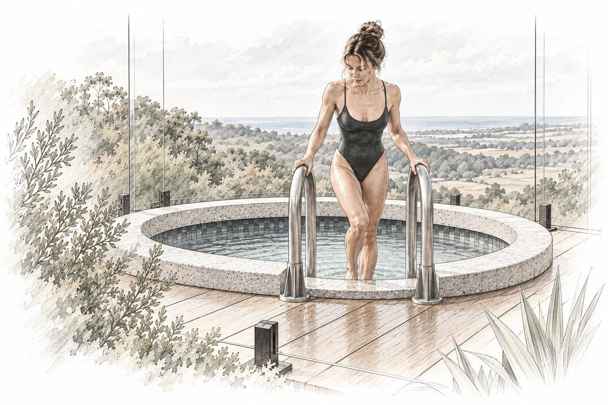 A guest stepping out of the plunge pool above the valley